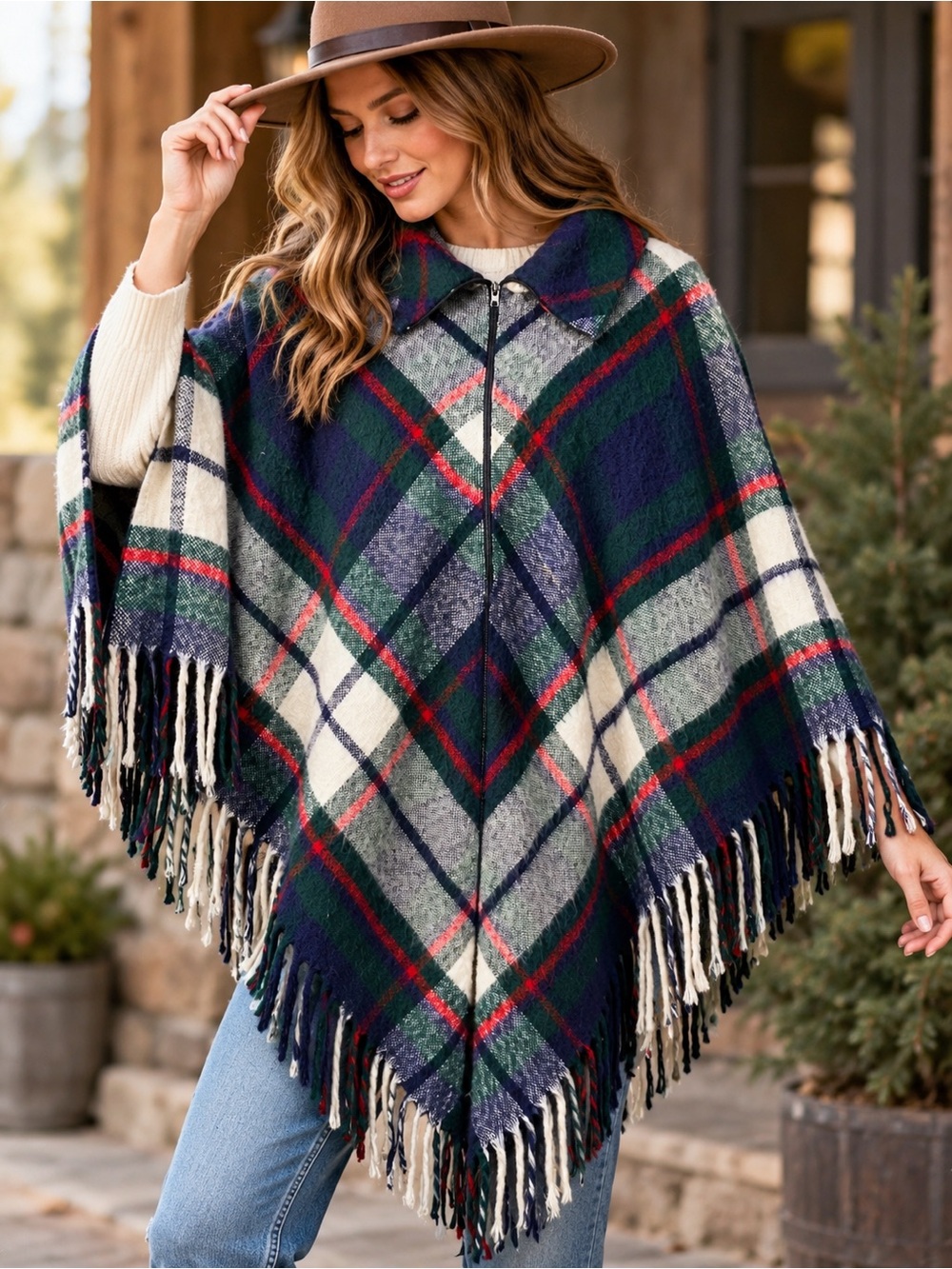 Vintage Wool Blend Plaid Blanket Poncho Zip Front Fringe Cottagecore Cape